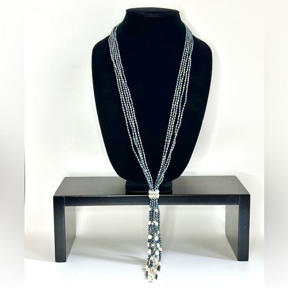 Art Deco French Inlay Style Beaded Necklace In Peacock Blue - Picture 1 of 6